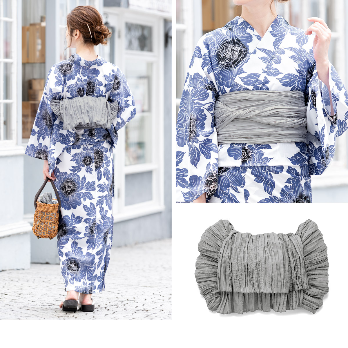 浴衣 3点セット（浴衣/兵児帯/下駄） 白 青 黒 牡丹 花 モダン