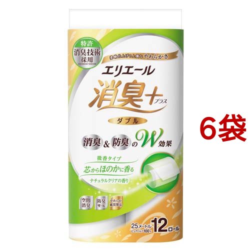 エリエール エリエール 消臭＋トイレットティシュー 芯からほのかに香るナチュラルクリアの香り ダブル 25m 12ロール × 6パック 消臭+ トイレットペーパーの商品画像