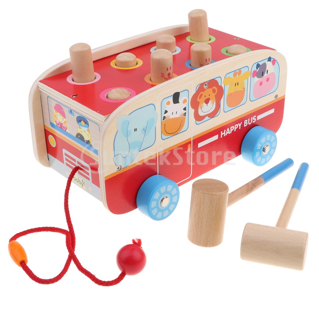  wooden Hammer ball knock out bus Play set child baby education toy gift 