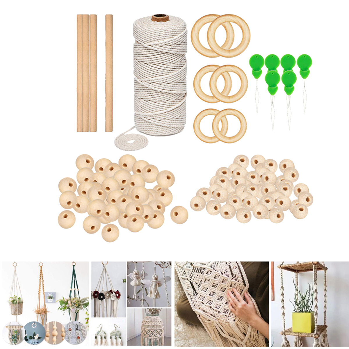 DIY cotton rope mak lame knitting making kit wood rod beads craft 117 piece 