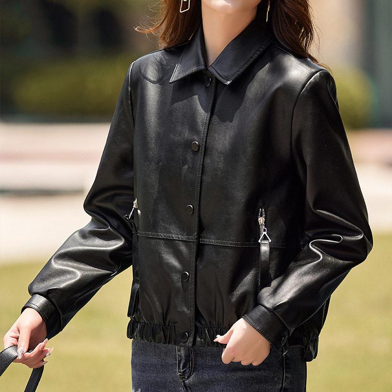  кожа блузон блузон женский внешний длинный рукав натуральная кожа способ soft Rider's простой модный casual объем свободно бесплатная доставка 