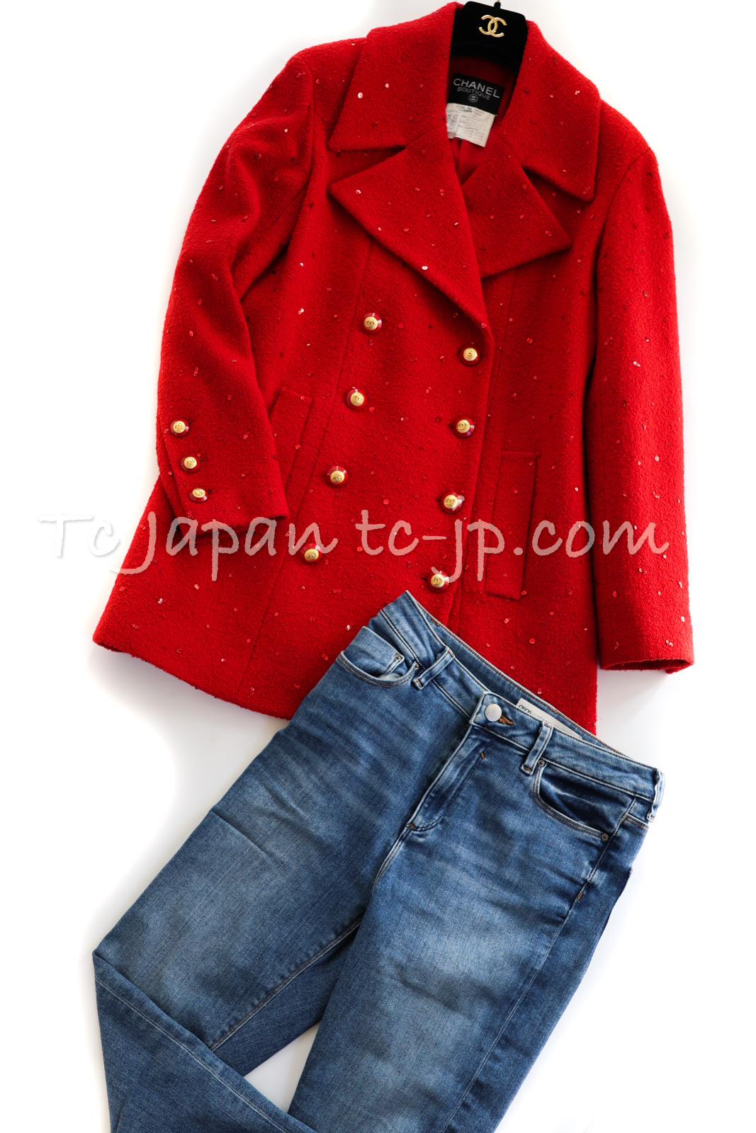  Chanel жакет CHANEL ценный ... Vintage красный красный украшен блестками Kirari осень-зима шерстяное пальто здесь кнопка 38 40 42