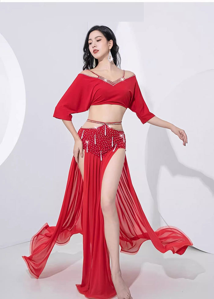  Berry танцевальный костюм комплект костюм украшен блестками Kirakira симпатичный Berry танцевальный костюм комплект внутренний брюки имеется длинный длина юбка V шея off плечо tops 