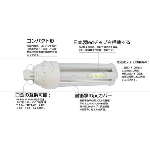 FHT57EX-D FHT57 форма альтернативный для LED compact лампа дневного света GX24Q двоякое применение застежка потребляемая энергия 16W высокая яркость 130LM/W 360 раз люминесценция twin лампа дневного света LED лампа свечение тип строительные работы не необходимо днем свет цвет 6000K