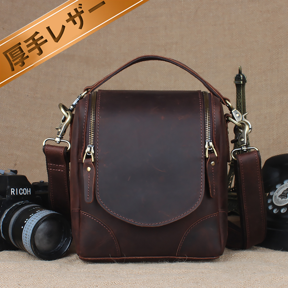 TIDING piece .ZIP type cover thick cow leather original leather camera bag shoulder bag single‐lens reflex correspondence Vintage passing of years change dark brown 