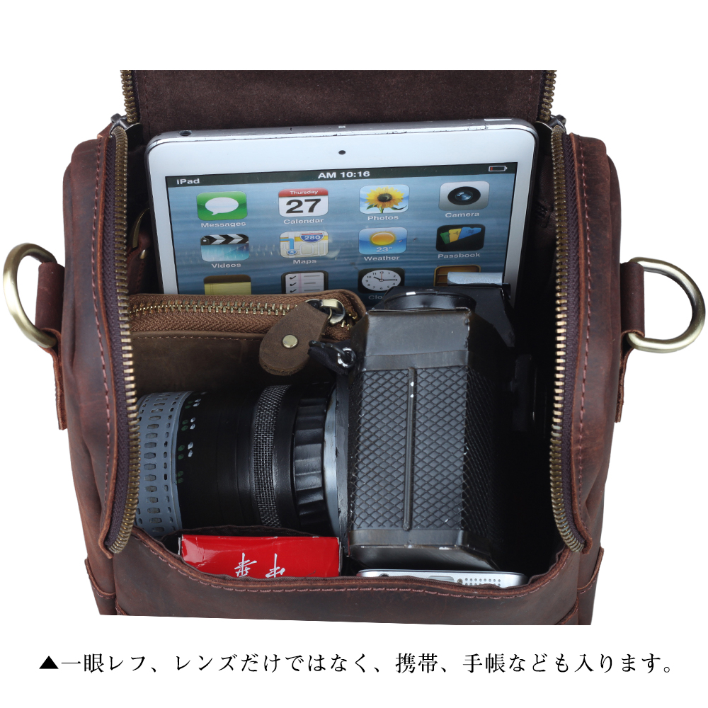 TIDING piece .ZIP type cover thick cow leather original leather camera bag shoulder bag single‐lens reflex correspondence Vintage passing of years change dark brown 