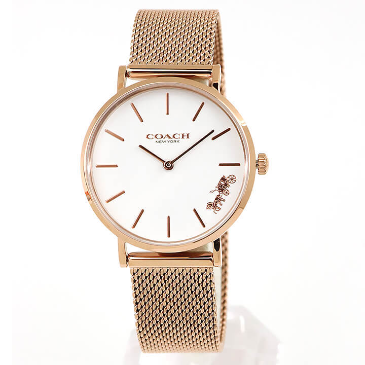 最大68 Offクーポン Coach コーチ Perry ペリー 32mm メッシュベルト ミラネーゼ 腕時計 レディース ローズゴールド 白 ホワイト Heartlandgolfpark Com