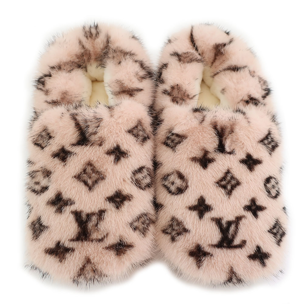 [ Tempaku ][LOUIS VUITTON] Louis Vuitton тапочки салон обувь норка мех розовый монограмма сладкий линия LV мужской женский обувь [ б/у ]