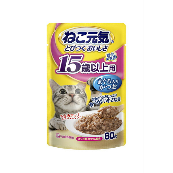 unicharm ねこ元気 総合栄養食 パウチ 15歳以上用 まぐろ入りかつお 60g×10個 ユニ・チャームペット 猫缶、ウエットフードの商品画像