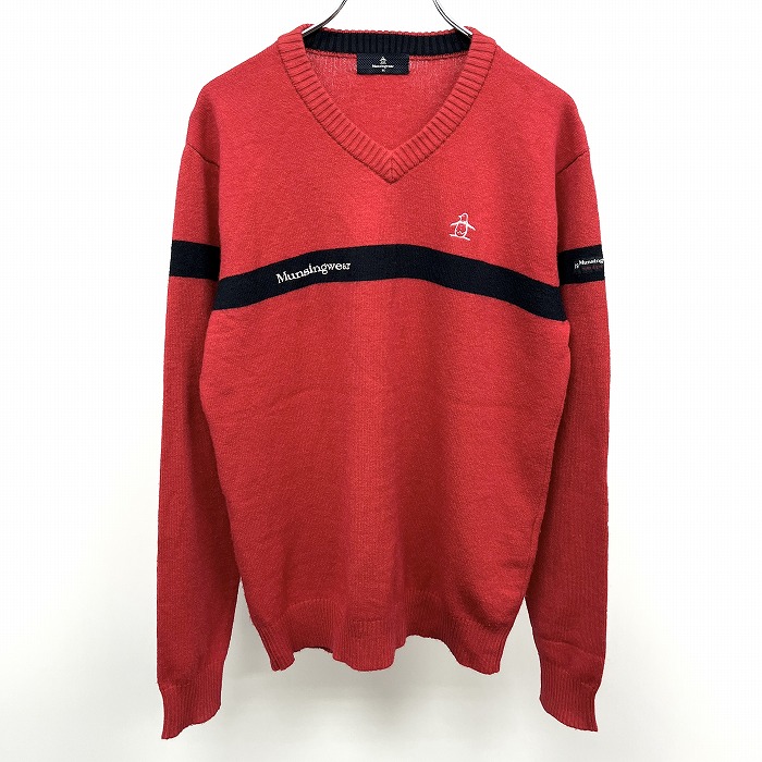  Munsingwear одежда Munsingwear Golf вязаный свитер длинный рукав V шея Logo вышивка искусственный шелк × поли × нейлон M красный красный × темно-синий × белый мужской 