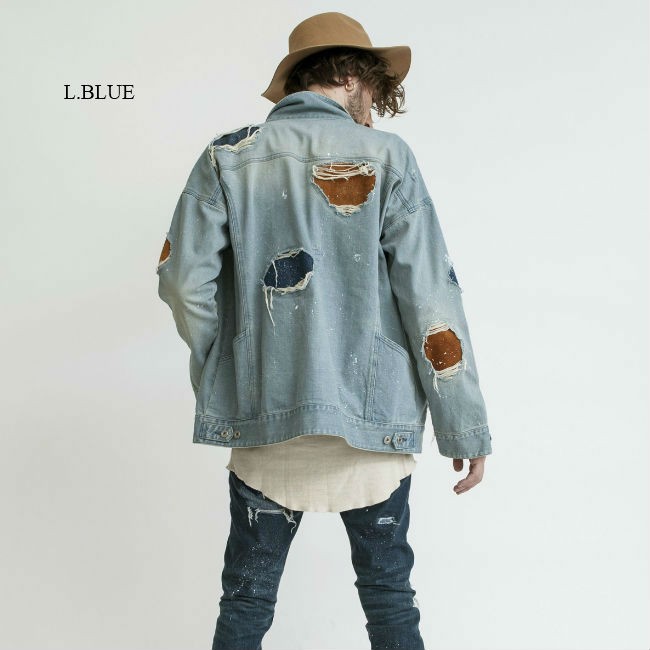 NO ID.×OVERDESIGN コラボデニムライダースジャケット NO ID. ID.×OVERDESIGN ノーアイディー ストレッチデニム レザーリペア