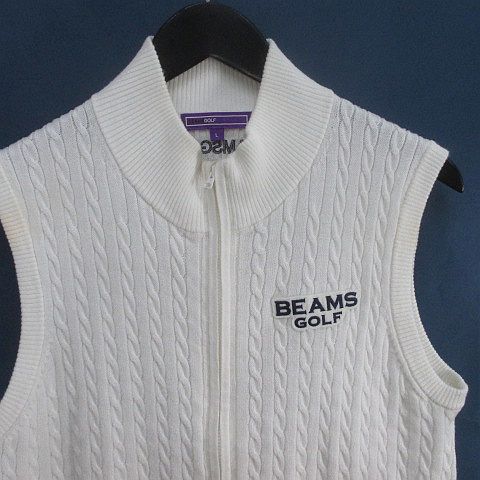  Beams Golf BEAMS GOLF Golf wear Zip up knitted the best L white series white Logo pocket cotton cotton lady's 