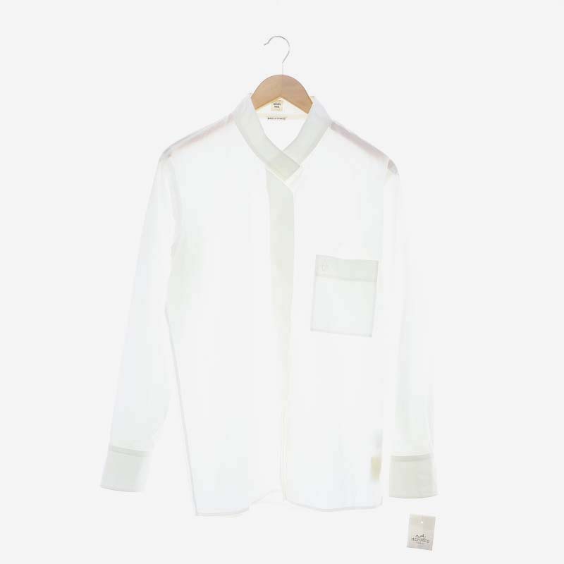  Hermes HERMES one Point embroidery stand-up collar ratio wing button shirt cutter long sleeve cotton 40 M white white 