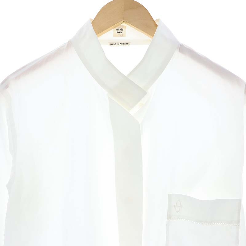  Hermes HERMES one Point embroidery stand-up collar ratio wing button shirt cutter long sleeve cotton 40 M white white 