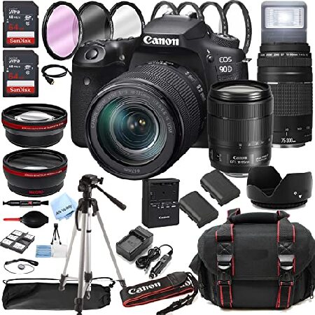 Canon EOS 90D DSLR Camera w/EF-S 18-135mm USM Zoom Lens + 75-300mm F/4-5.6 III Lens + 128GB Memory + Case + Tripod + Filters (38pc Bundle)