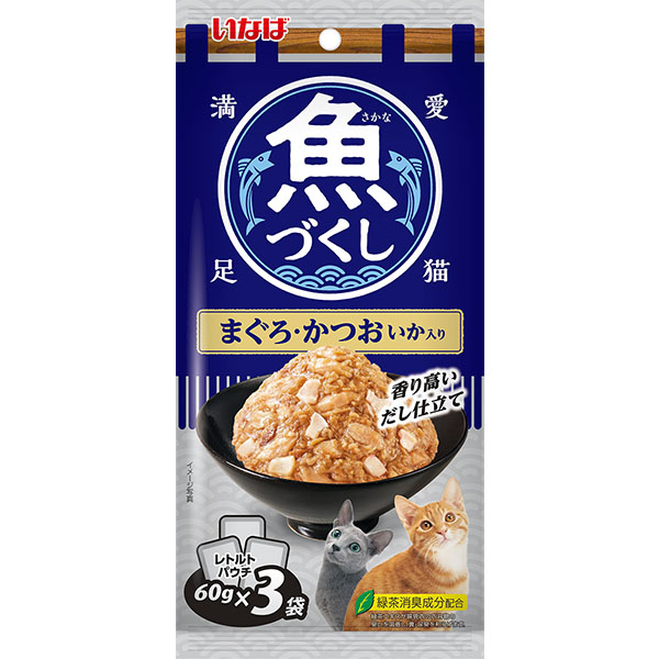 いなばペットフード いなば 魚づくし まぐろ・かつお いか入り（60g×3袋）×24個 猫缶、ウエットフードの商品画像