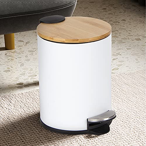  waste basket cover attaching 5L pedal type waste basket round bamboo cover trash can sound less is less smell . air-tigh kitchen, living room, toilet, bus room, for office ( white )