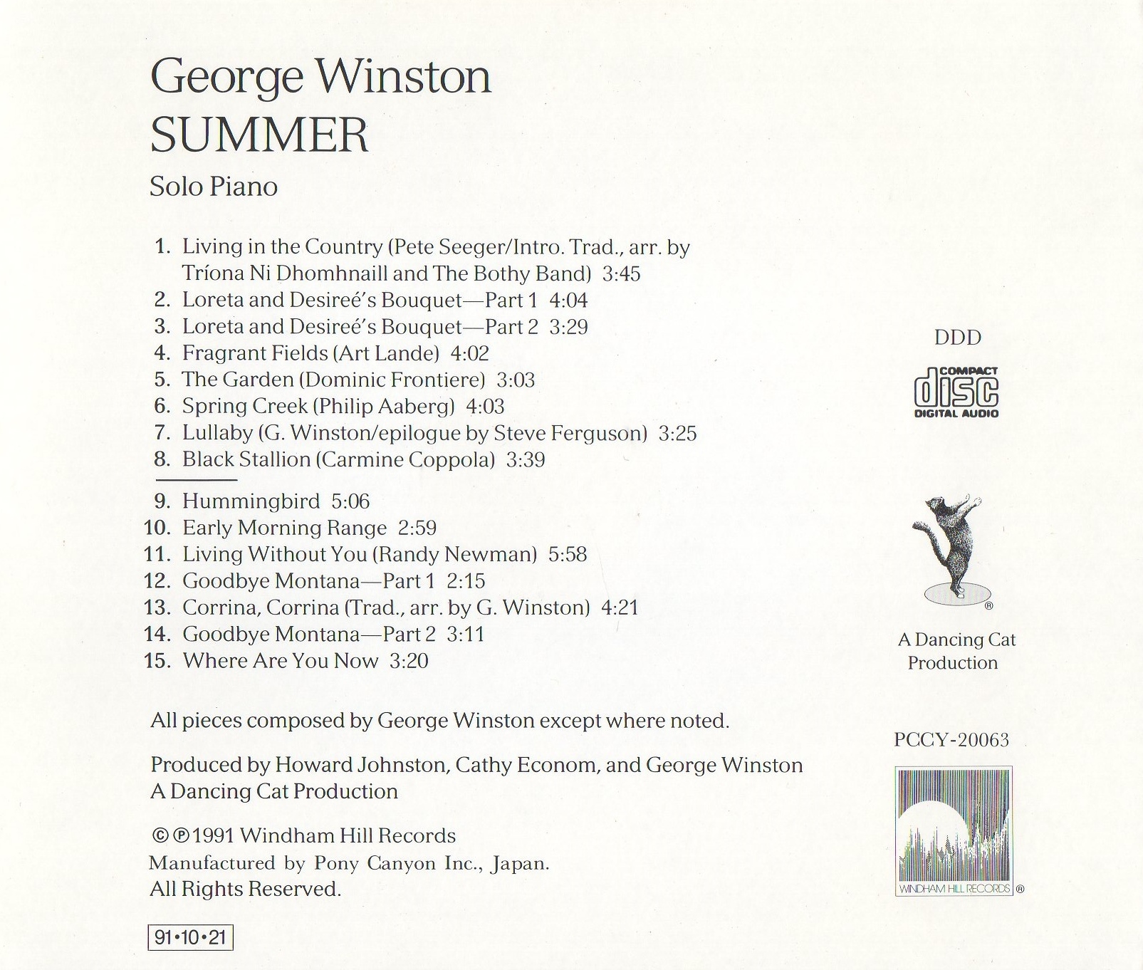 George * Winston George Winston / summer Summer / 1991.10.21 / PCCY-20063