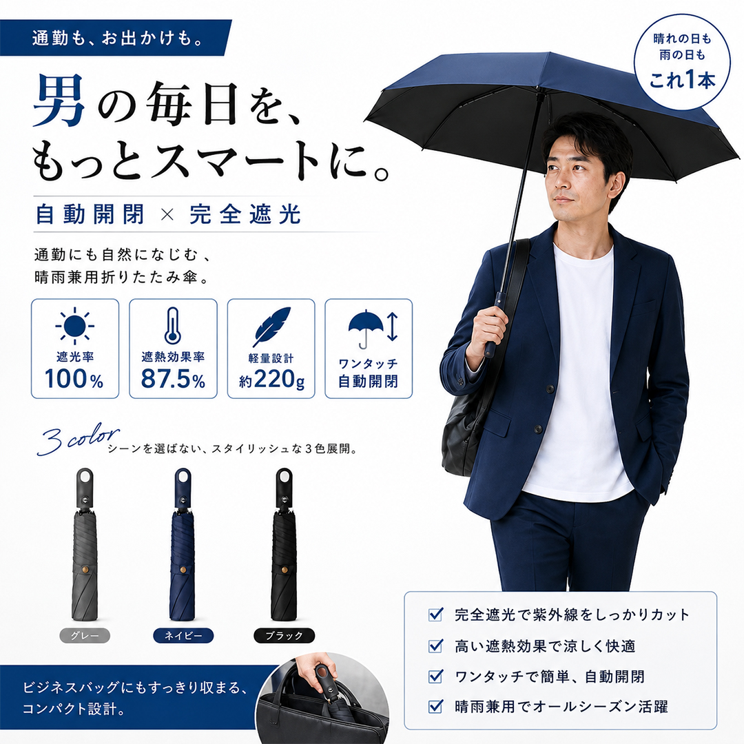 日傘 開いたら−30℃ 折りたたみ傘 完全遮光 JIS認証済 自動開閉 遮熱 晴雨兼用 超軽量 折り畳み傘 コンパクト 傘 撥水加工 ワンタッチ メンズ レディース 爆買の商品画像