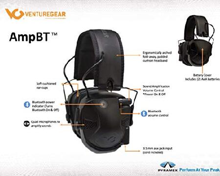 Pyramex Safety Venture Gear Amp BT Electronic Bluetooth Hearing Protection Earmuffs,Black,Standard