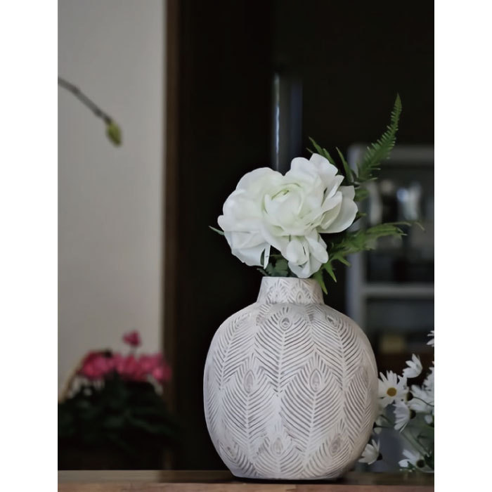ピーコック柄フラワーベース グリーン アイボリー ポット 花器