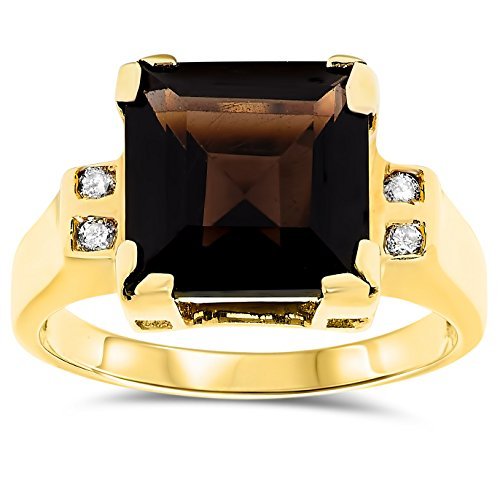 ⭐公式品⭐ 14k Yellow Gold Smoky Quartz Square Genuine Gemstone and Diamond Ring For W 【DGJ2292621591】(83679円)