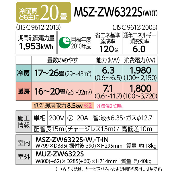 霧ヶ峰 三菱電機 ルームエアコン 主に 20畳用 MSZ-ZW6322S-W 6.3kw Z 