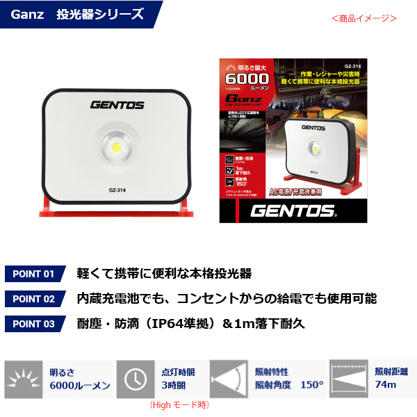 GENTOS（ジェントス） GZ-314 Ganz(ガンツ) 投光器 GANZ314 : ユアサe