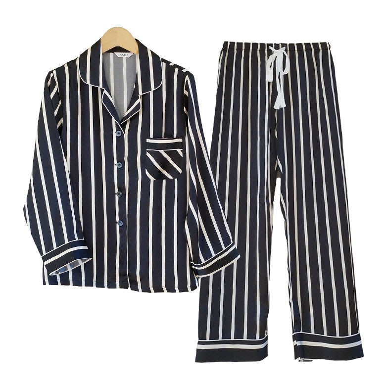 シルク パジャマ ロンドンストライプ レディース 100％ ブラック