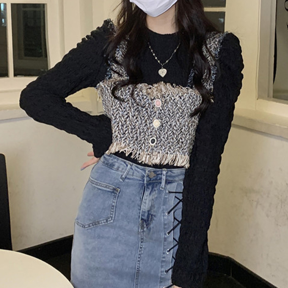  tops твид бюстье короткий бахрома оборка Layered Корея мода casual Monotone femi человек ga- Lee классический 