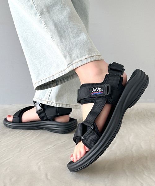  sandals lady's [Java Java collaboration ] Flat velcro sport sandals strap equipped 