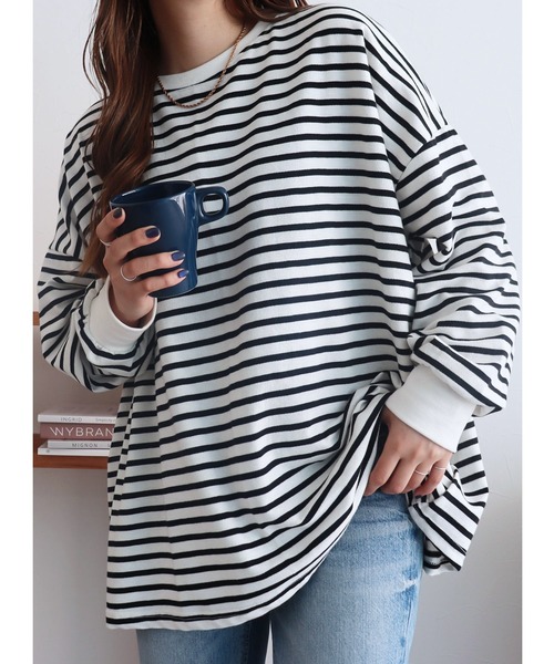 t shirt T-shirt lady's [... entering number 11 ten thousand person breakthroug!] easy body type cover! border & plain oversize pull over 