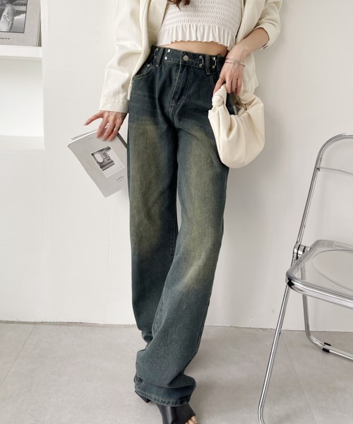  pants Denim jeans lady's waist hook ... is seen! high waist wide strut Denim pants 