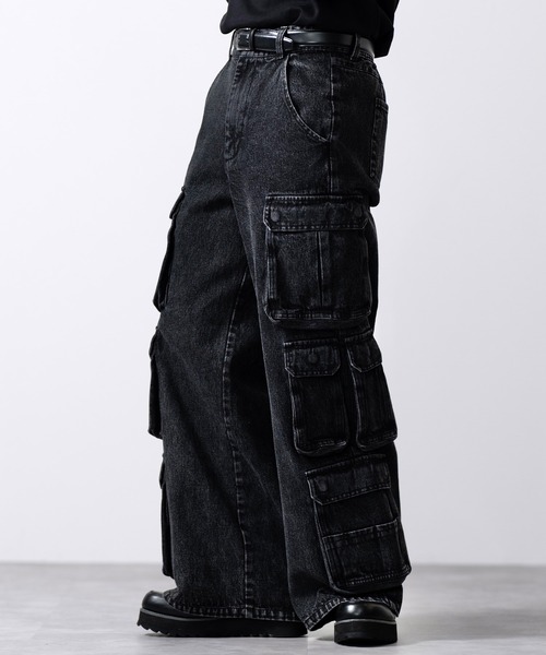  джинсы [CLEL]3D Many Pocket Denim Cargo Pants / 3Dme колено карман Denim брюки-карго мужской женский 