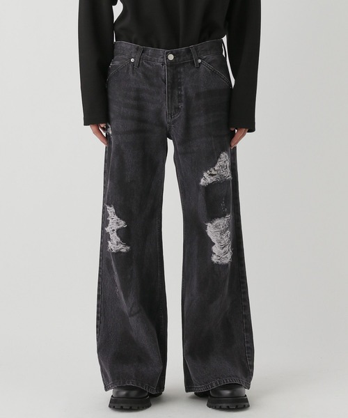  джинсы [ часть SET UP соответствует ] грязный повреждение Denim брюки (HARE) мужской 