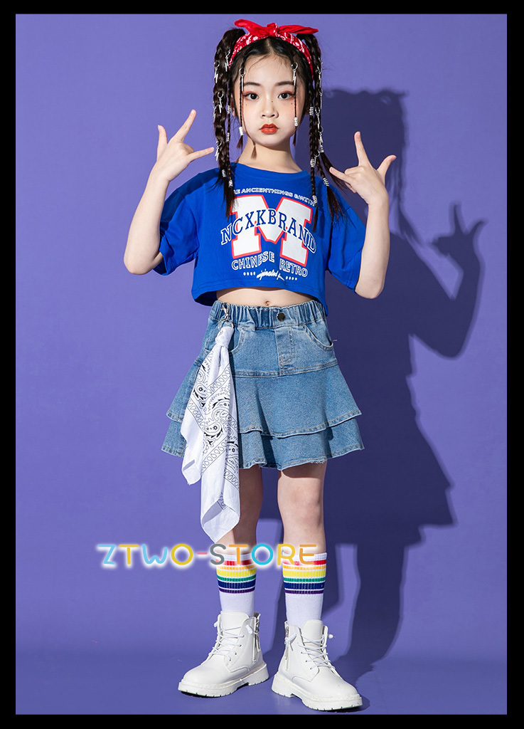  Kids танцевальный костюм hip-hop мужчина девочка ребенок HIPHOP девушки Kids танцевальный костюм Cheer девушка stage костюм голубой брюки постановка одежда тренировка надеты 