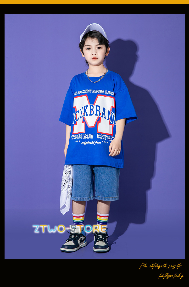 Kids танцевальный костюм hip-hop мужчина девочка ребенок HIPHOP девушки Kids танцевальный костюм Cheer девушка stage костюм голубой брюки постановка одежда тренировка надеты 