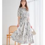 線画タッチ花柄ギャザー切替ワンピース