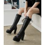 【Jasmine】ストーム4cm厚底レースアップPUロングブーツ