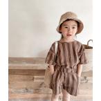 aimoha-KIDS- 韓国子供服　ストライプ柄半袖トップスハーフパンツセットアップ