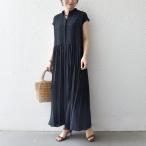 SHIPS any:〈手洗い可能〉ドット バンドカラー フレンチ プリーツ ロング ワンピース