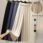 リブニットワイドパンツロングボトムス韓国風レディースウエストゴム秋物リブニ...