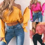 ショッピングレディ 夏 オフショルダー レディースズ 春 夏 大きいサイズ シャツ 半袖 長袖 肩出し 無地 白 イエロー オレンジ グリーン ピンク ブルー B系 ダンス衣装 フレア 袖フリル