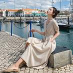 ショッピングレディ 夏 送料無料 ナチュラルワンピース Vネック ワンピース 夏 レディース 半袖 前開き ボタン ふんわり ミモレ丈 ベーシック ベージュ レッド きれいめ ロングパフ