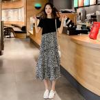 送料無料 ダルメシアン フリルワンピース ドッキングワンピ アニマル柄 ロング フレア 大人カジュアル レディース トレンド 今季 大人フェミニン 人気