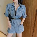 ショッピングジャンプスーツ デニムジャンプスーツ 半袖ジャンプスーツ ハイウエスト カジュアルワイドレッグショーツ 秋アウター レディース シンプル 無地 柄 万能 大人 オールインワン