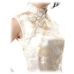 チャイナドレス・ノースリーブ・ロング・笹梅（白）【Lサイズ】結婚式、二次会、謝恩会、成人式で注目度ナンバーワン。送料無料。　