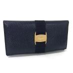 フェラガモ 財布 ヴァラ リザード型押しレザー 22 3059 二つ折り 長財布 ゴールド金具 ネイビー【本物保証】