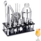 カクテルシェイカー 20点セット カクテル バーテンダー バーセット ステンレス 550ml 初心者用 業務 自宅用 (シルバー, 20点セット)