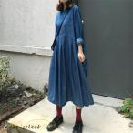デニムワンピース ゆるワンピース レディース デニム 長袖 レトロ風 可愛い Aラインワンピース フリーサイズ 丸首 秋 コーデ ゆったり 体型カバー